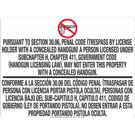 No Concealed Carry 30.06 - .040 Aluminum Sign 18" x 24"