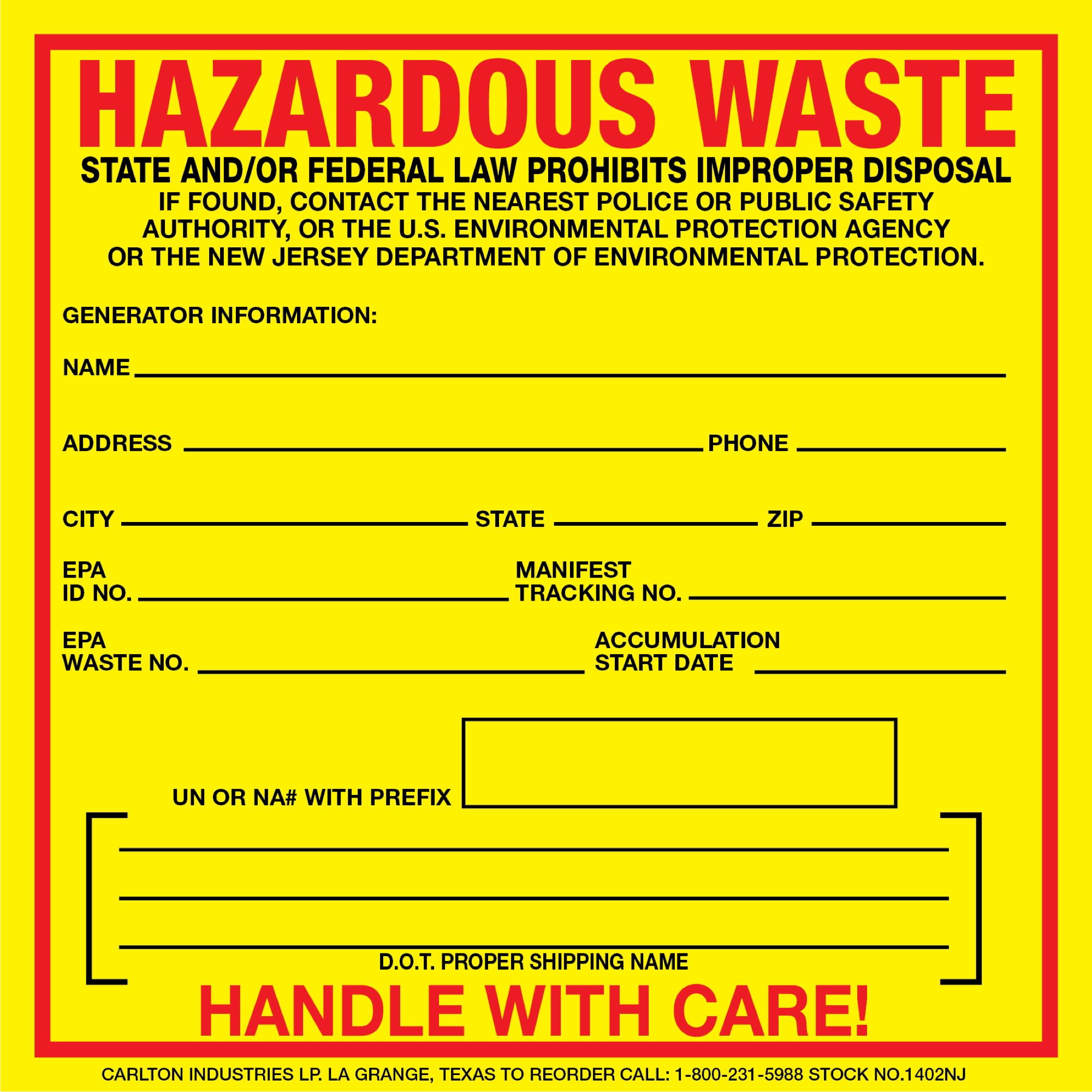 Exterior HazMat Decals Hazardous Waste New Jersey State Regulated 6 x