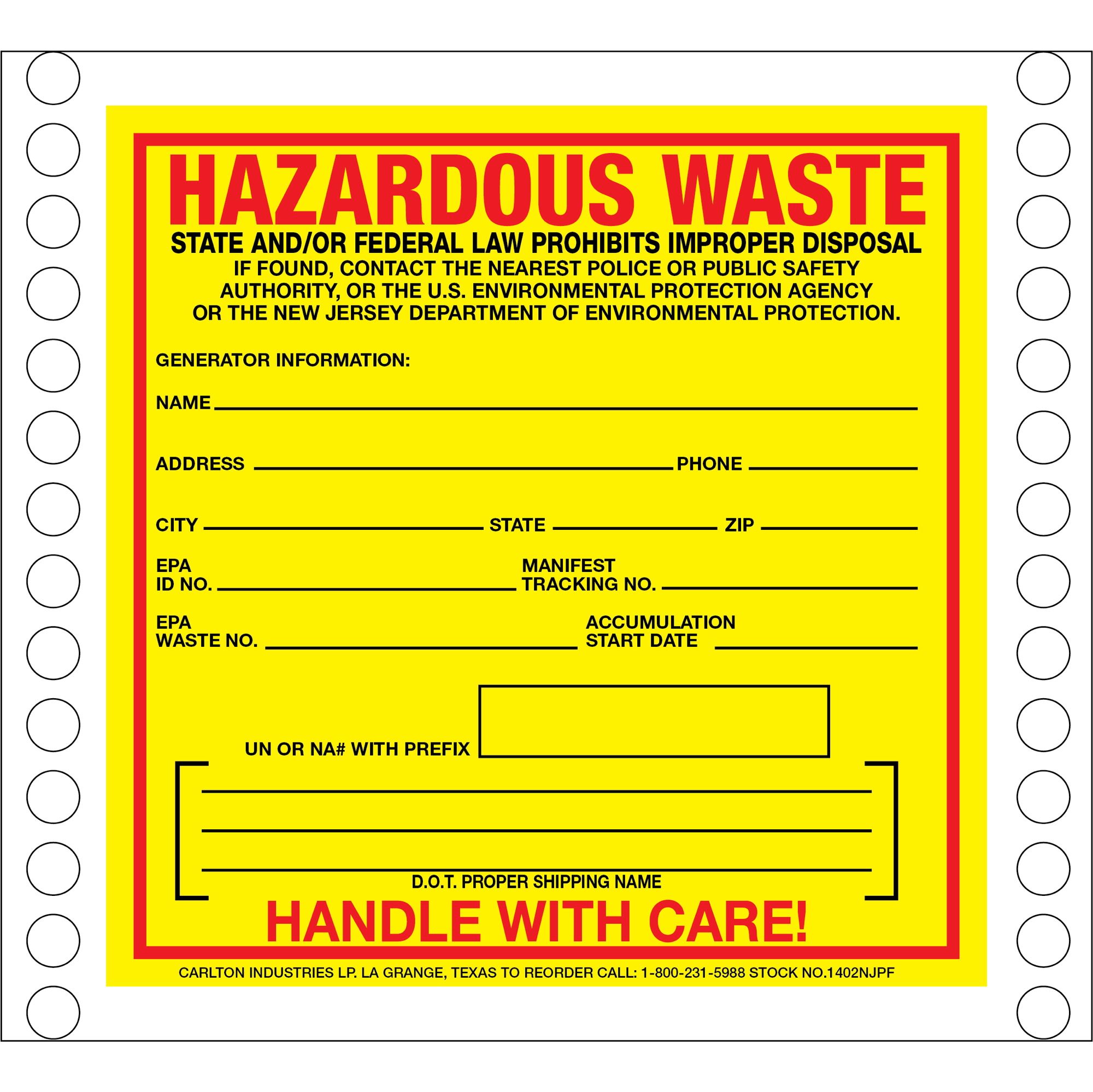 Custom Pin Fed HazMat Labels Hazardous Waste New Jersey State