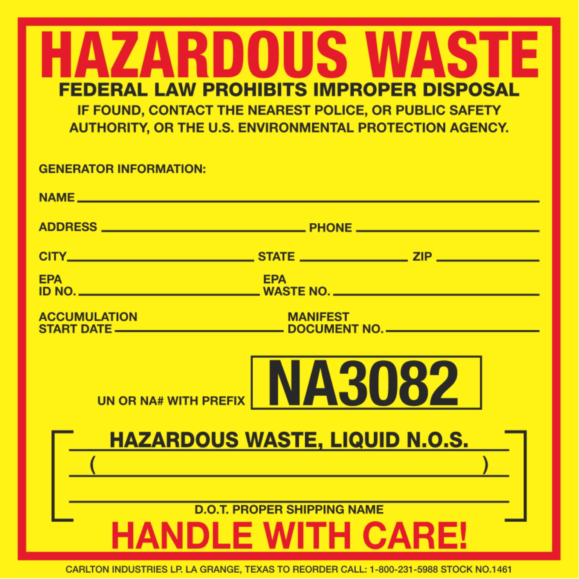 Custom Exterior HazMat Decals Hazardous Waste, Liquid N.O.S. NA3082 6 x 6 Carlton Industries
