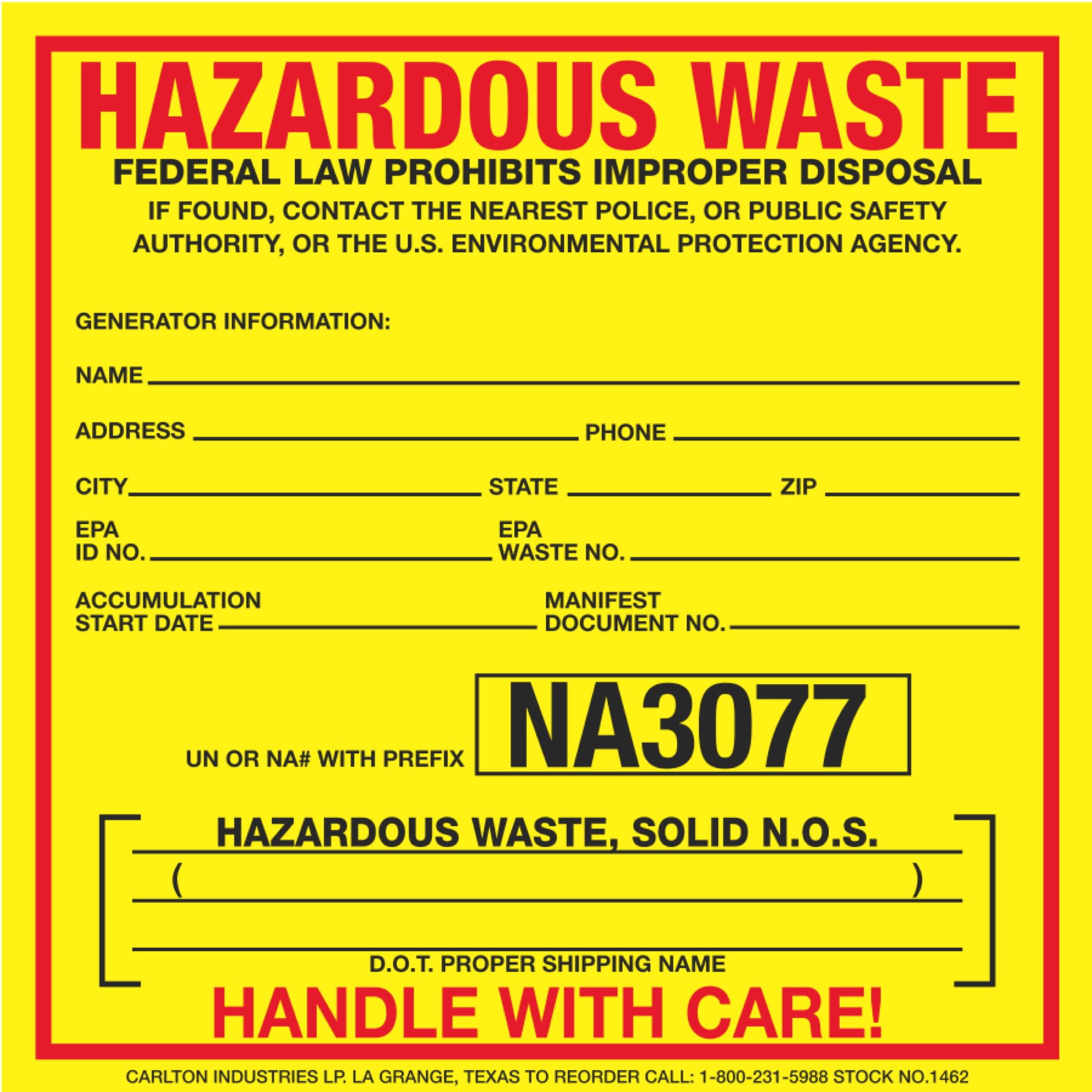 Exterior HazMat Labels Hazard. Waste NA3077 Paper 500/Roll Carlton