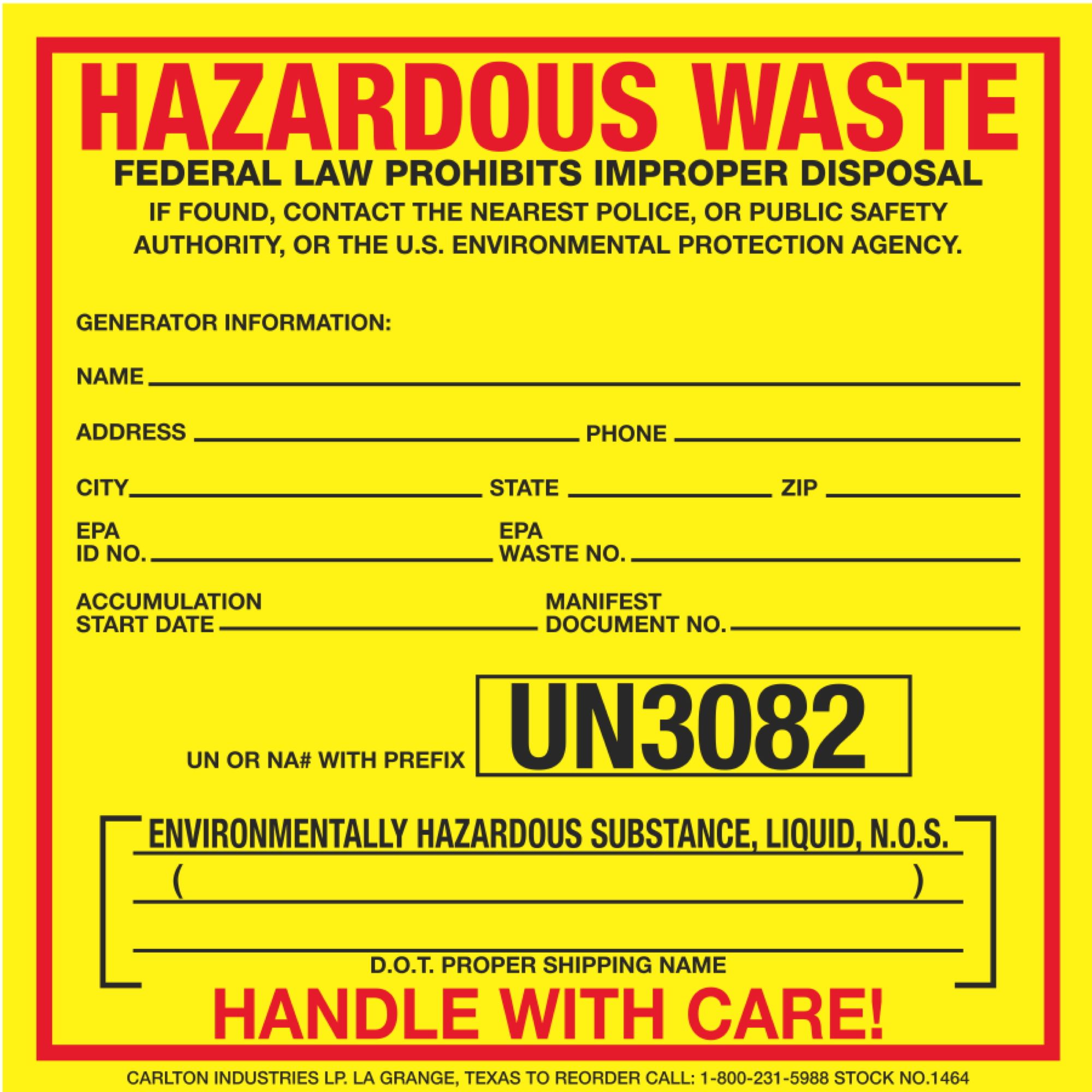 Custom Exterior HazMat Decals Hazardous Waste Environmentally Hazardous Substance, Liquid N.O