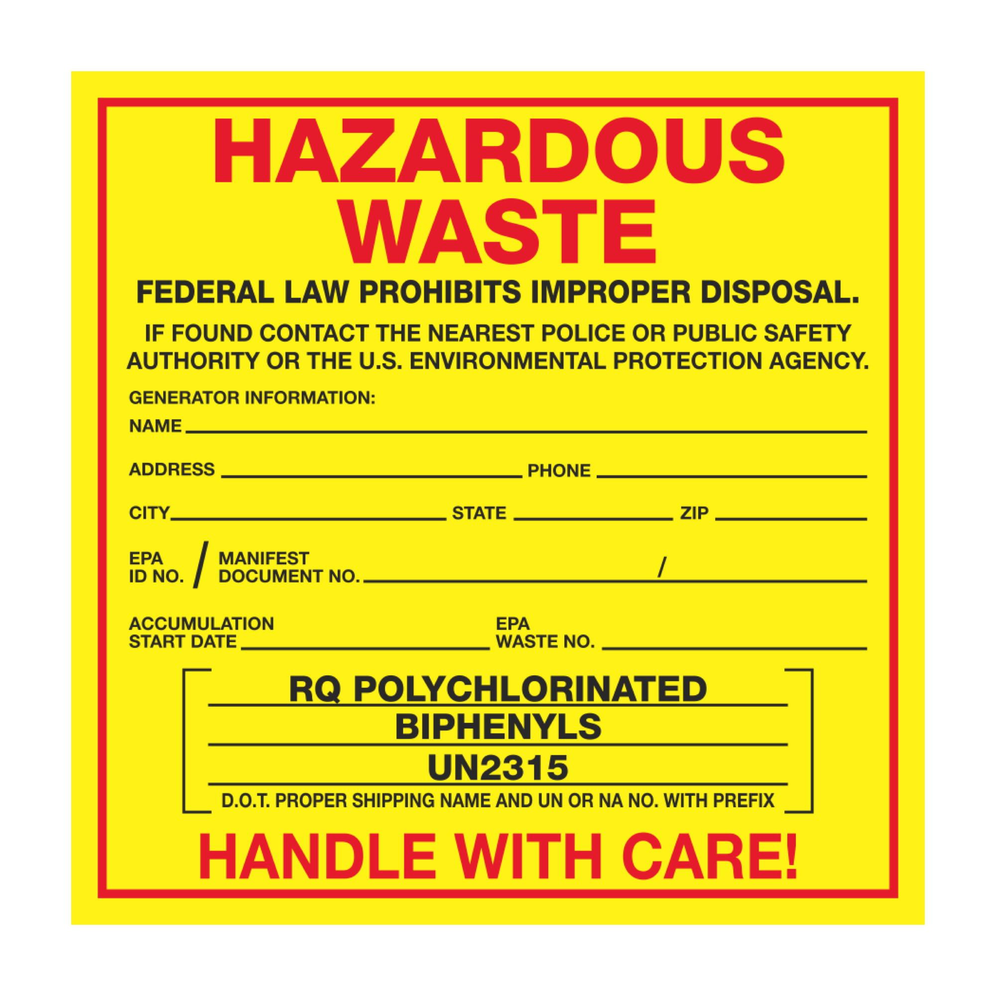 Exterior HazMat Labels on a Roll Hazardous Waste RQ Polychlorinated Biphenyls UN2315 Paper