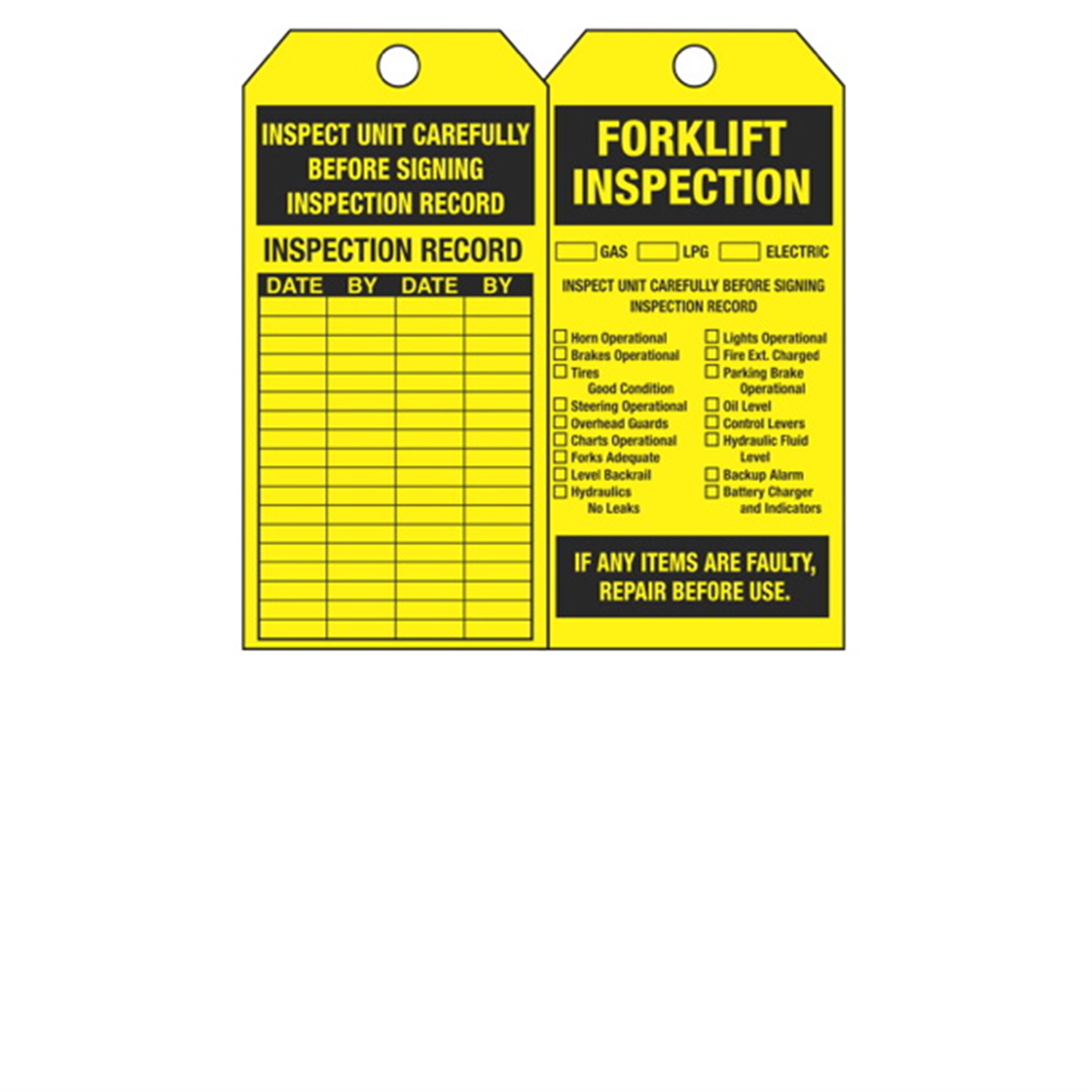 DualSided Tags Forklift Inspection Yellow Vinyl 3.125 x 5.625