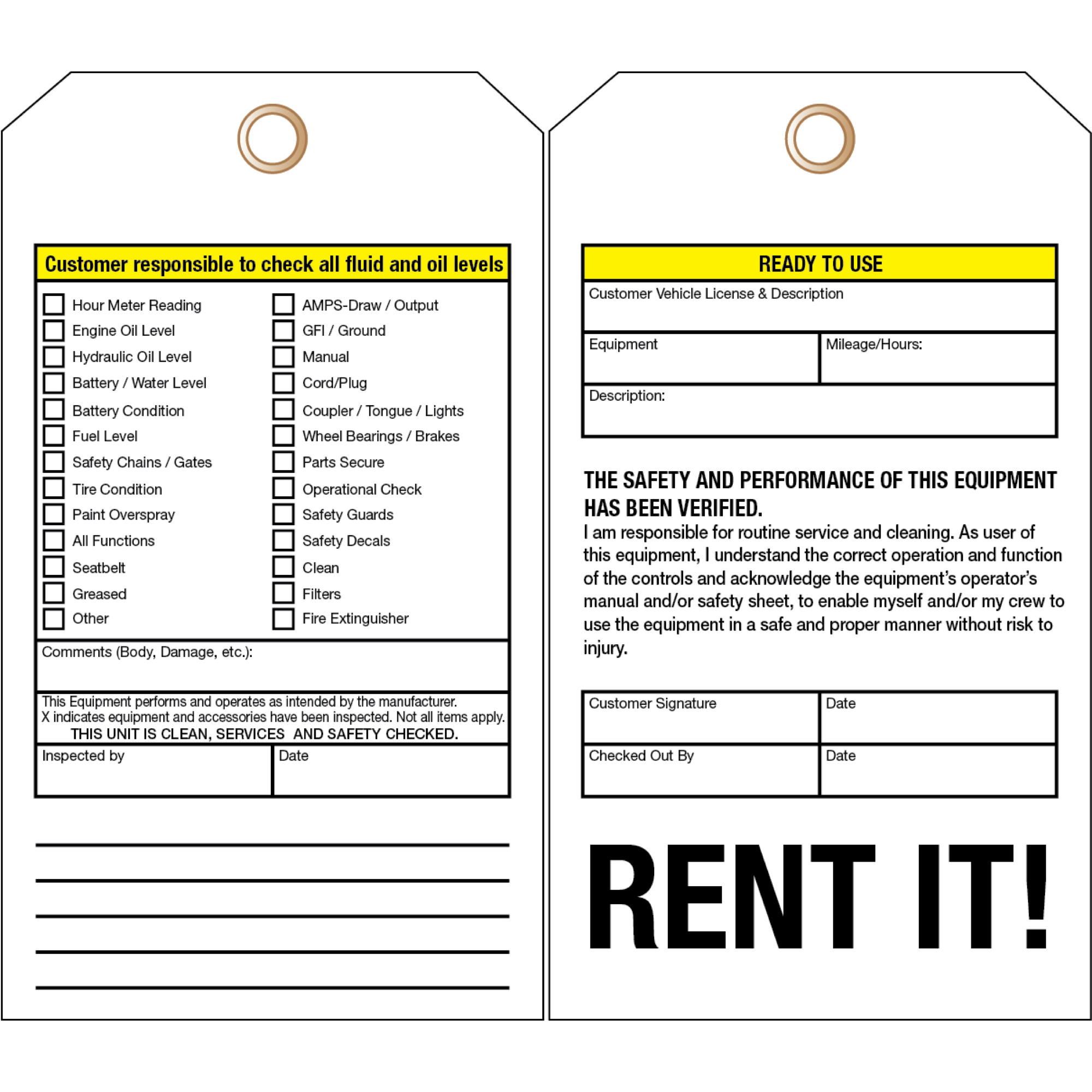 Equipment Rental Tag - 4 x 7 | Carlton Industries