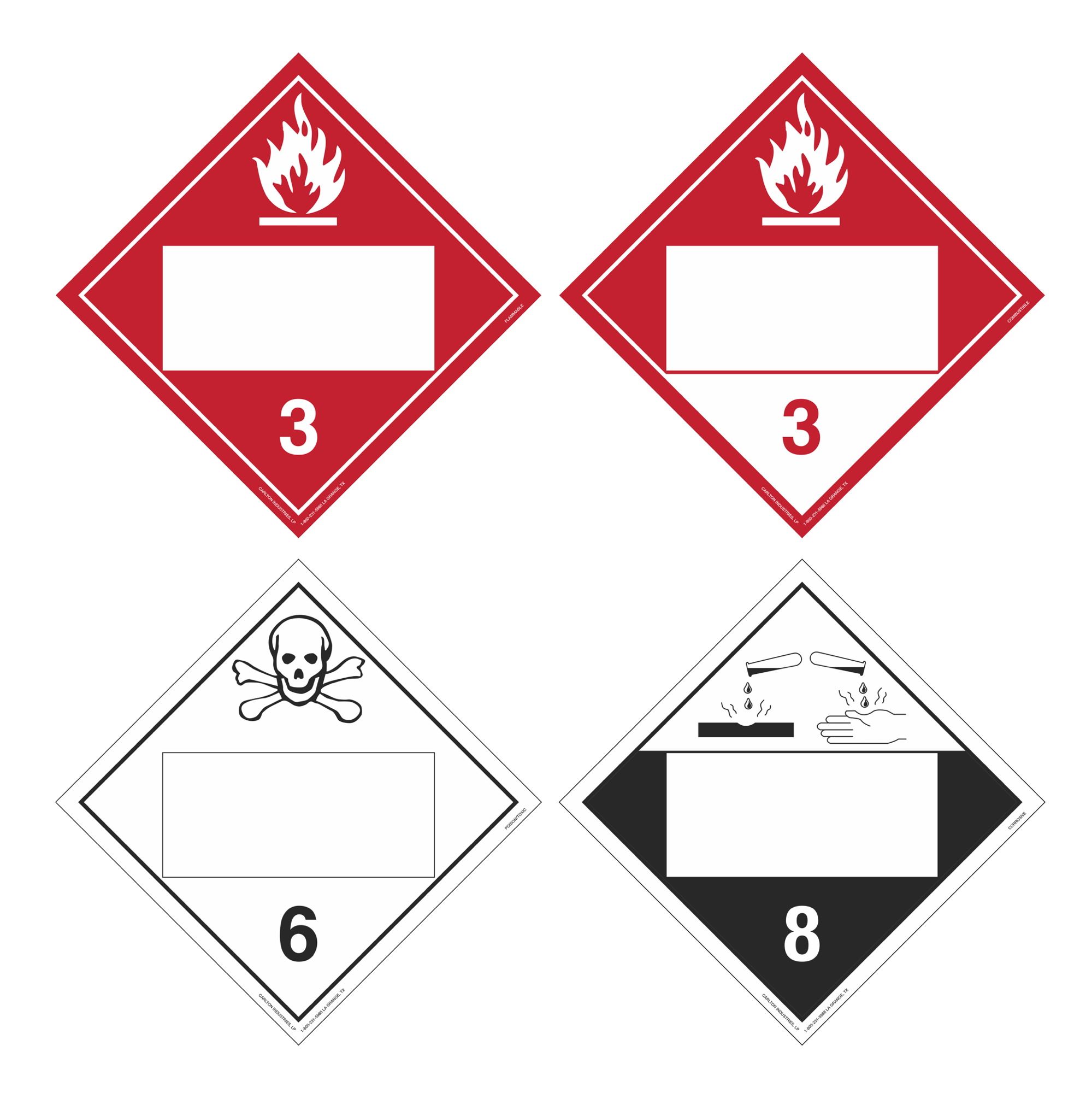 DuoFlip Flammable 3, Combustible 3, Poison 6, Corrosive 8, Blank