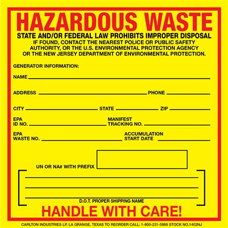 Custom Hazardous Waste Decal - New Jersey State - 6 x 6