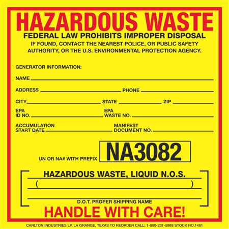 Exterior HazMat Decals - Hazardous Waste NA3082 6 x 6