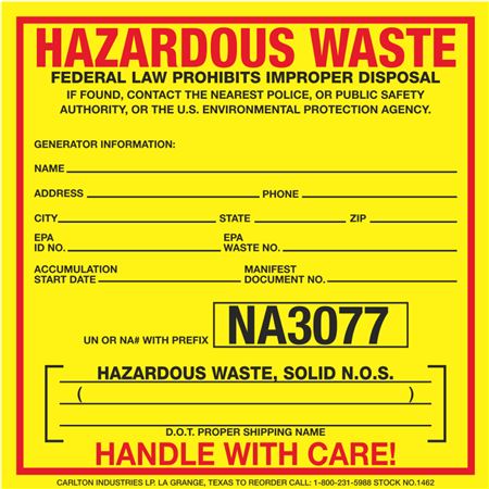 Hazardous Waste Paper Label - NA3077 Solid