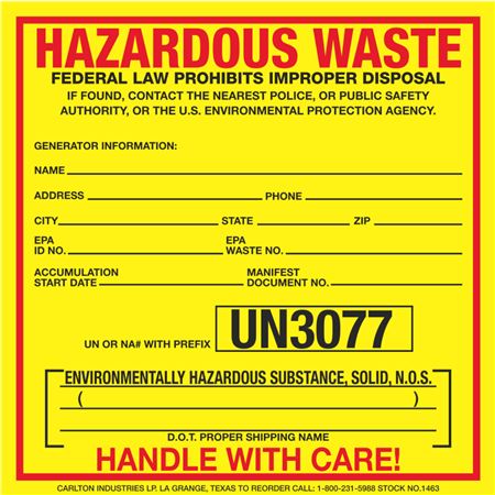 Hazardous Waste Decals - UN3077 Environmentally Solid