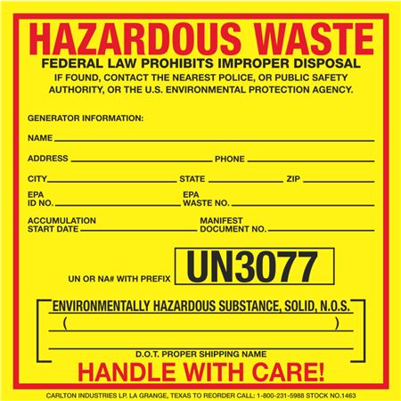 Hazardous Waste Paper Label - UN3077 Environmental Solid