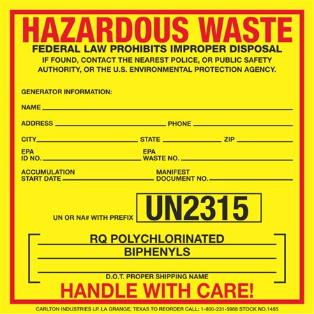 Hazardous Waste Paper Label - UN2315 PCBs