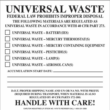 Assorted Pre-Printed HazWaste Labels  - Universal Waste 6x6