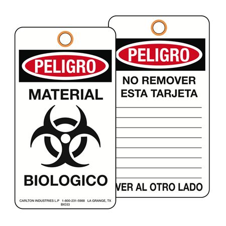 Peligro Material Biologico Biohazard Tag
3 1/8 x 5 5/8