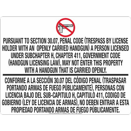 No Open Carry 30.07 - .040 Aluminum Sign 18" x 24"