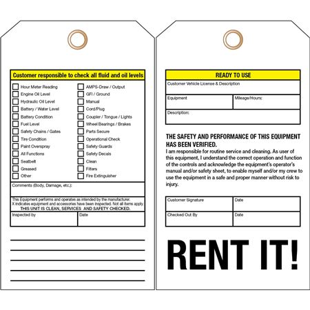 Equipment Rental Tag - 4 x 7