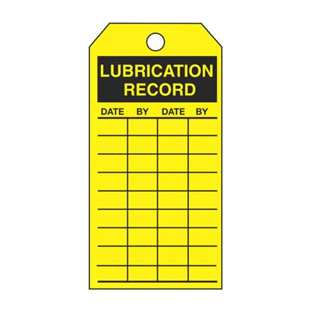 Lubrication Record - Yellow Rigid Vinyl Tag - 3 1/8 x 5 5/8